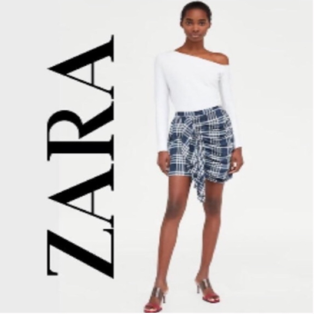Zara Woman Women's Blue/White Ruched Plaid Mini Skirt